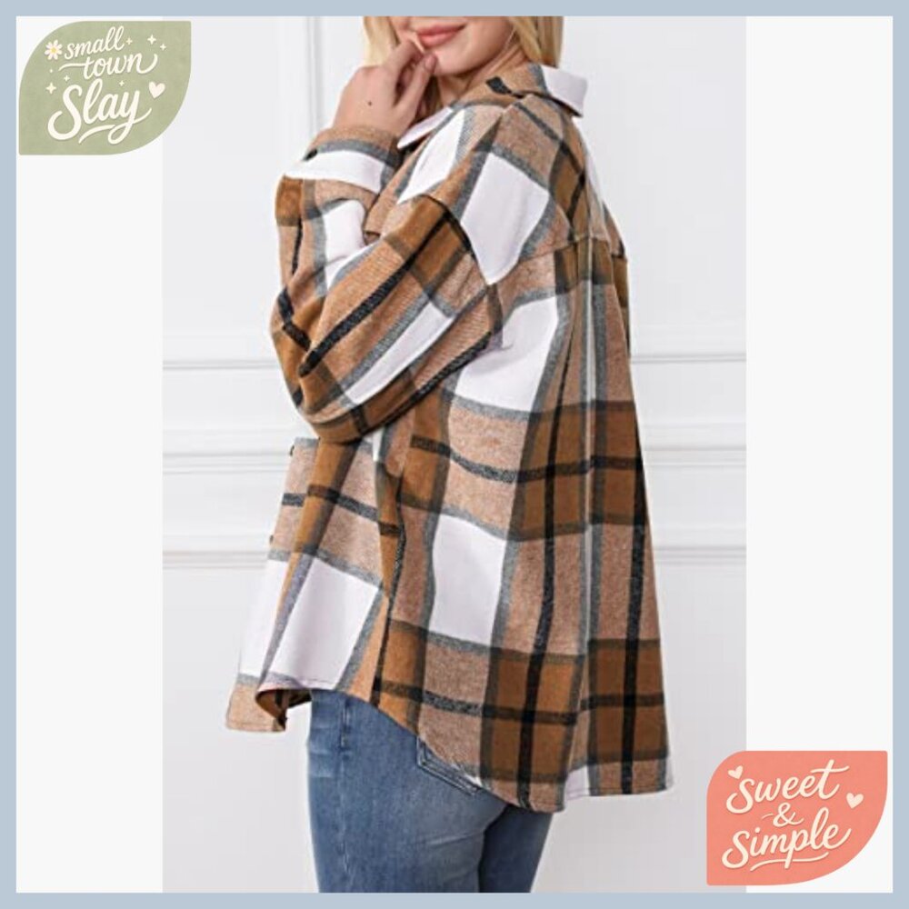 Long Sleeve Button Down Shacket Plaid Jacket Loos… - image 2